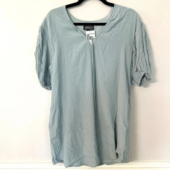 4SI3NNA Women’s Blue Slate Short Puff Sleeve Tie Neck Blouse Size XS NWT - Picture 2 of 11